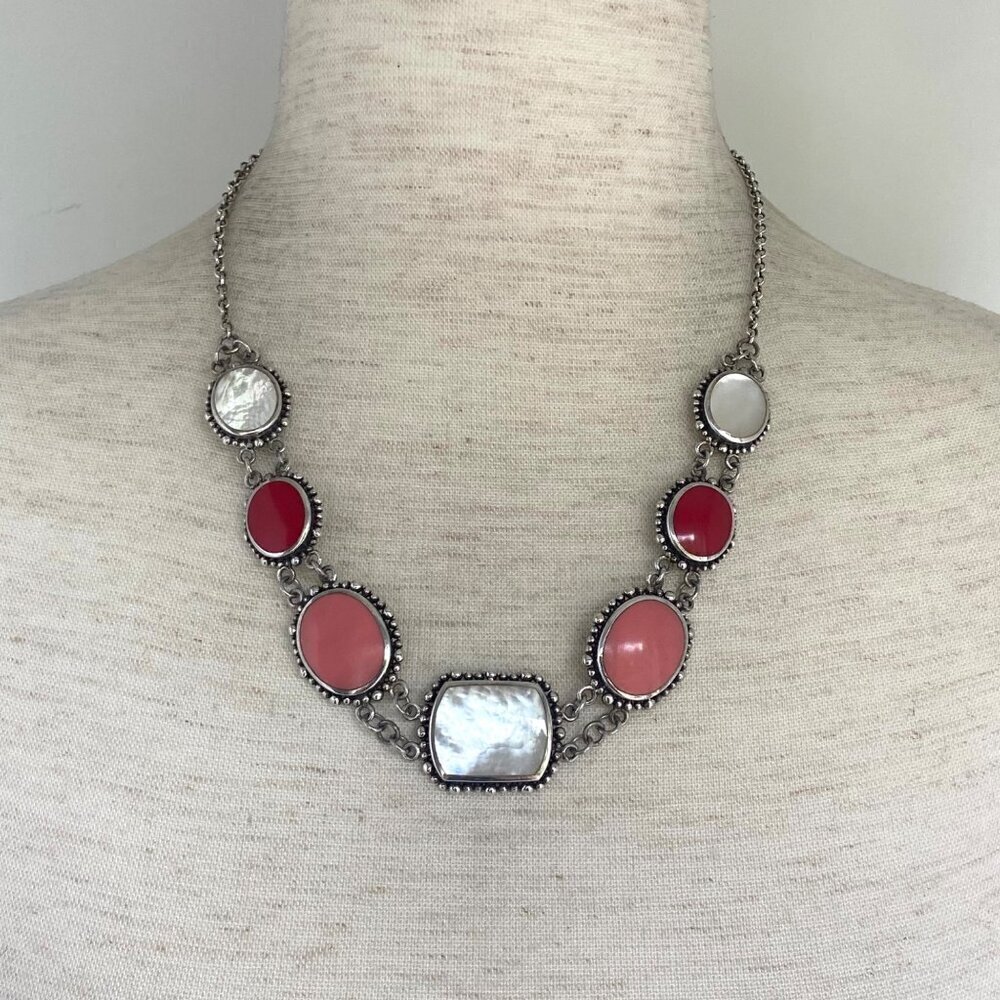 Sterling Silver 925 Chunky Mother Of Pearl Pink Red Rolo Chain Panel Necklace